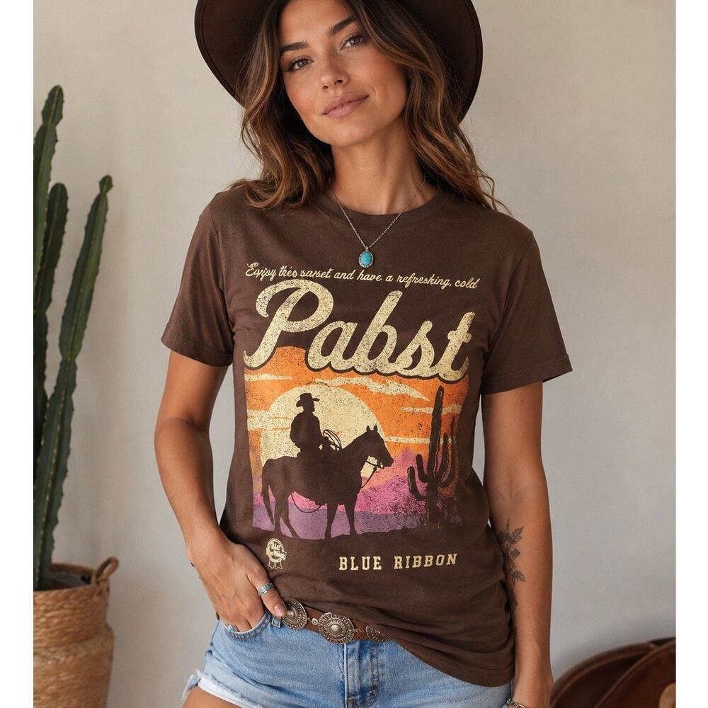Pabst Blue Ribbon Cowboy Sunset T-shirt Small Brown Beer Western Style America